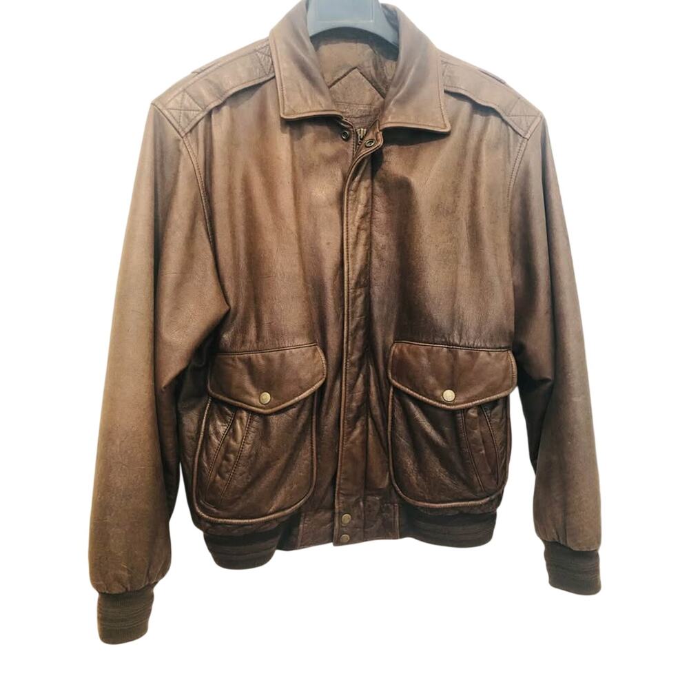 VTG 90s R&Y Aviator Map Lined Leather Bomber Jacket - Large